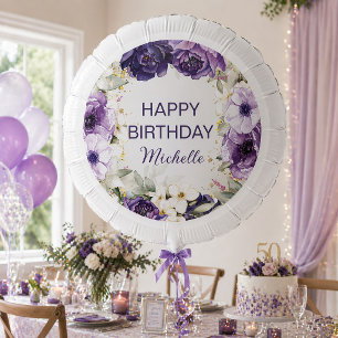 Elegant Purple White Floral Glitter Happy Birthday Balloon