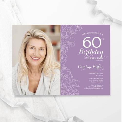 Elegant Purple White Floral Photo 60th Birthday Invitation