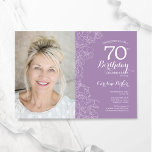 Elegant Purple White Floral Photo 70th Birthday Invitation<br><div class="desc">Lavender purple lilac white floral 70th birthday party invitation with your photo on the front of the card. Elegant modern design featuring botanical outline drawings accents and typography script font. Simple trendy invite card perfect for a stylish female bday celebration. Can be customized to any age. Printed Zazzle invitations or...</div>