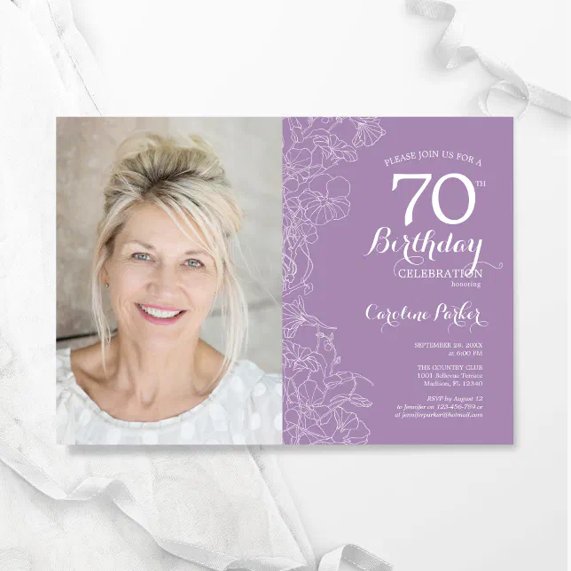 Elegant Purple White Floral Photo 70th Birthday Invitation | Zazzle
