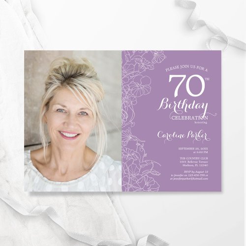 Elegant Purple White Floral Photo 70th Birthday Invitation