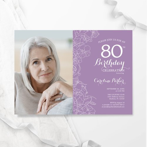 Elegant Purple White Floral Photo 80th Birthday Invitation