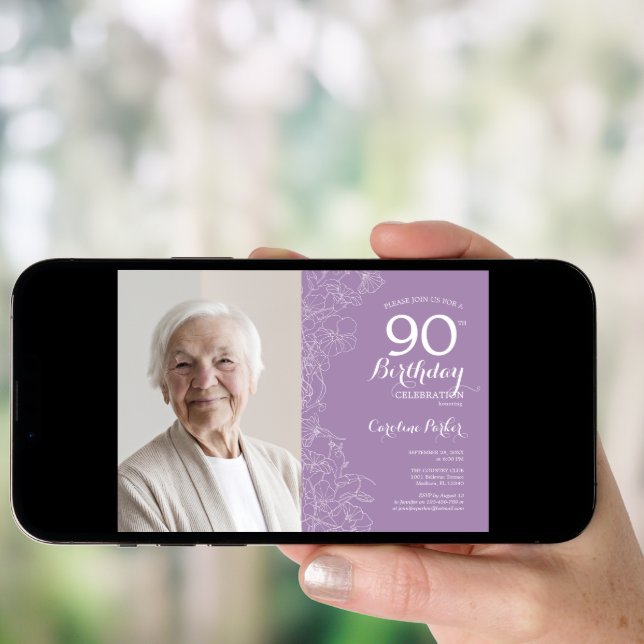 Elegant Purple White Floral Photo 90th Birthday Invitation (Front Digital)