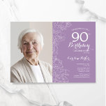 Elegant Purple White Floral Photo 90th Birthday Invitation<br><div class="desc">Lavender light purple white floral 90th birthday party invitation with your photo on the front of the card. Elegant modern design featuring botanical outline drawings accents, faux gold foil and typography script font. Simple trendy invite card perfect for a stylish female bday celebration. Can be customized to any age. Printed...</div>