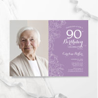 Elegant Purple White Floral Photo 90th Birthday