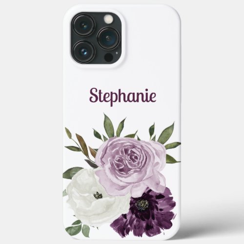 Elegant Purple White Flowers Greenery Name iPhone 13 Pro Max Case