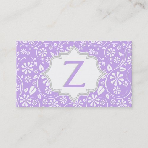 Elegant purple white grey floral pattern monogram business card