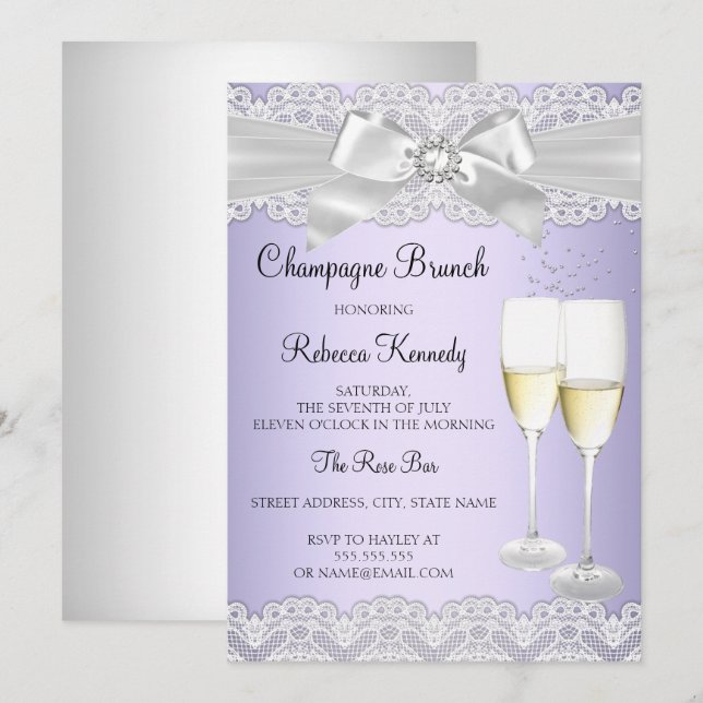 Elegant Purple White Lace Champagne Brunch Invite (Front/Back)