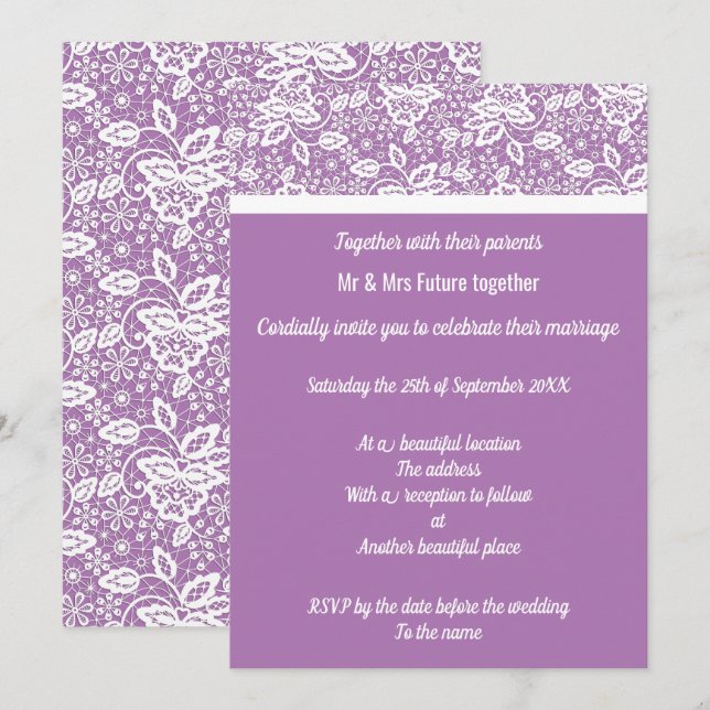Elegant Purple White Lace Wedding Invitation (Front/Back)