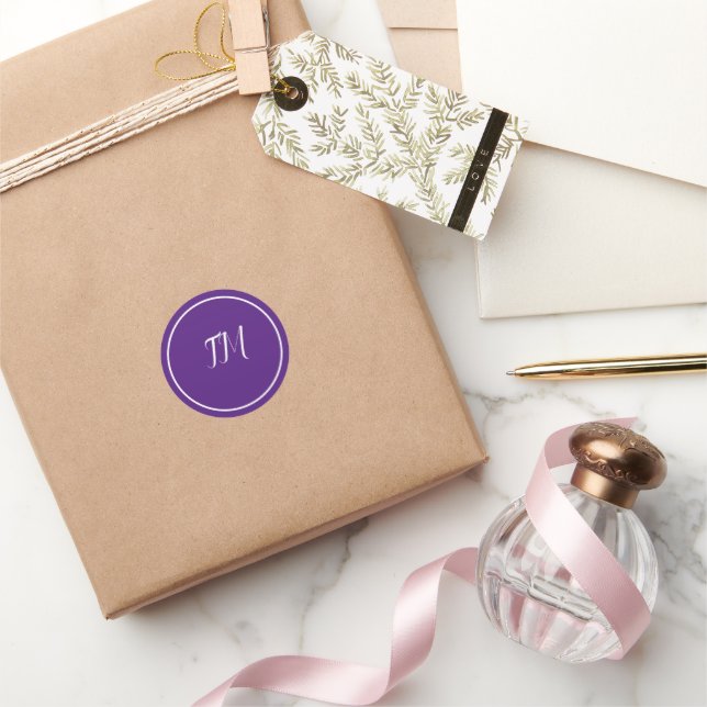 Elegant Purple White Monogram  Classic Round Stick Sticker (Gifting)