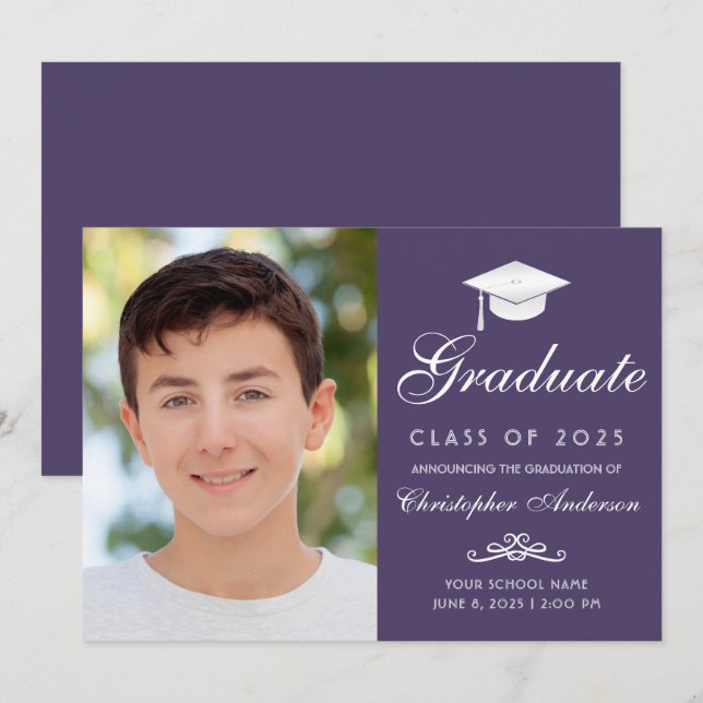 Elegant Purple White Script Photo Graduation Announcement (Front/Back)