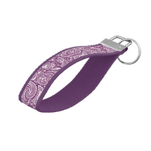 Elegant Purple & White Vintage Paisley Pattern Wrist Keychain