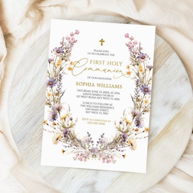 Elegant Purple Wildflower First Holy Communion Invitation (Creator Uploaded)