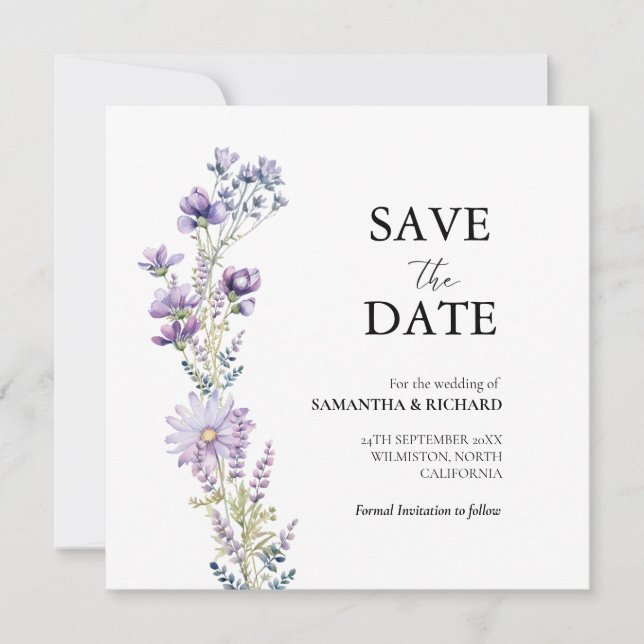 Elegant Purple Wildflower Wedding Save The Date Invitation (Front)