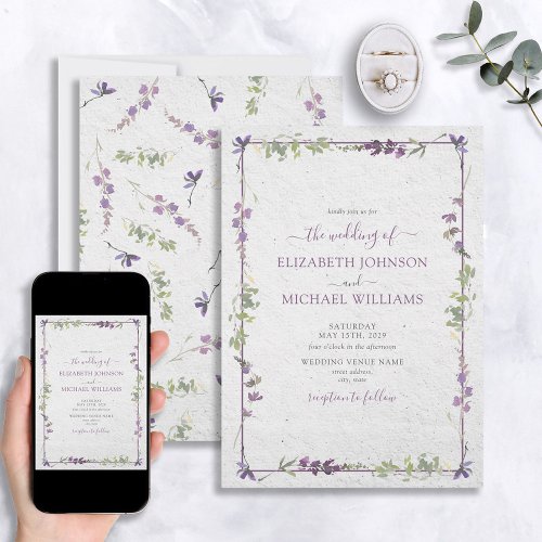 Elegant Purple Wildflowers Watercolor Wedding Invitation