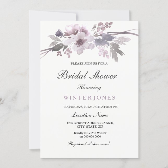 Elegant Purple Winter Floral Bridal Shower Invite (Front)