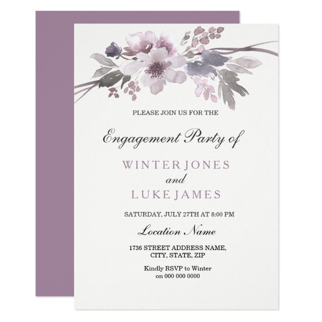 Elegant Purple Winter Floral Engagement Invite