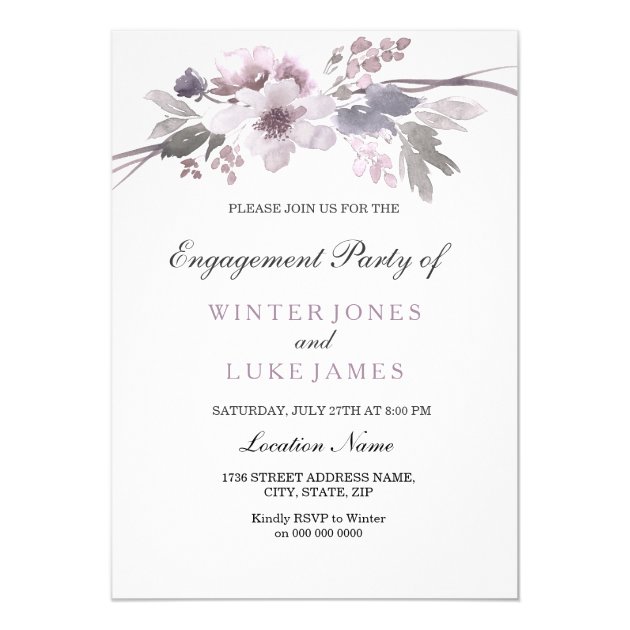 Elegant Purple Winter Floral Engagement Invite