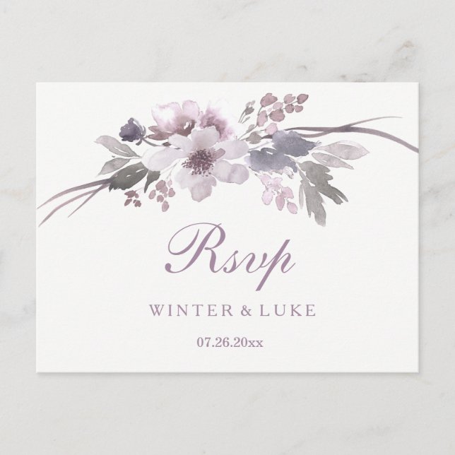 Elegant Purple Winter Floral Wedding RSVP Invitation Postcard (Front)