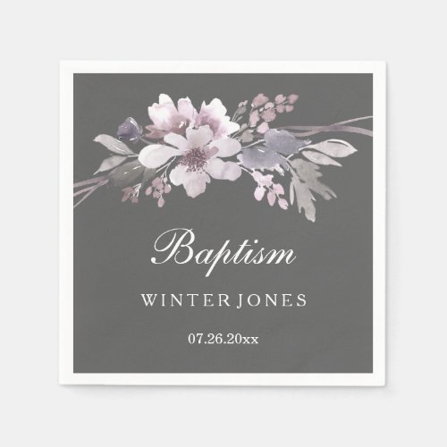 Elegant Purple Winter Gray Floral Baptism Paper Napkins