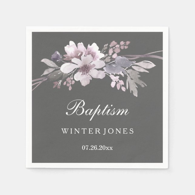 Elegant Purple Winter Gray Floral Baptism Paper Napkins (Front)