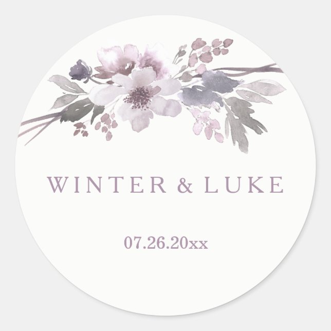 Elegant Purple Winter Gray Wedding Favor Sticker (Front)
