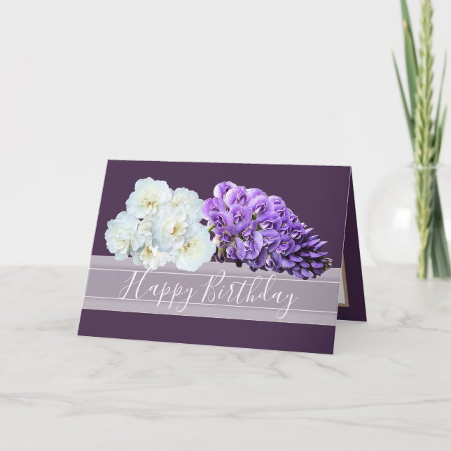 Elegant Purple Wisteria and White Roses Birthday Card (Front)