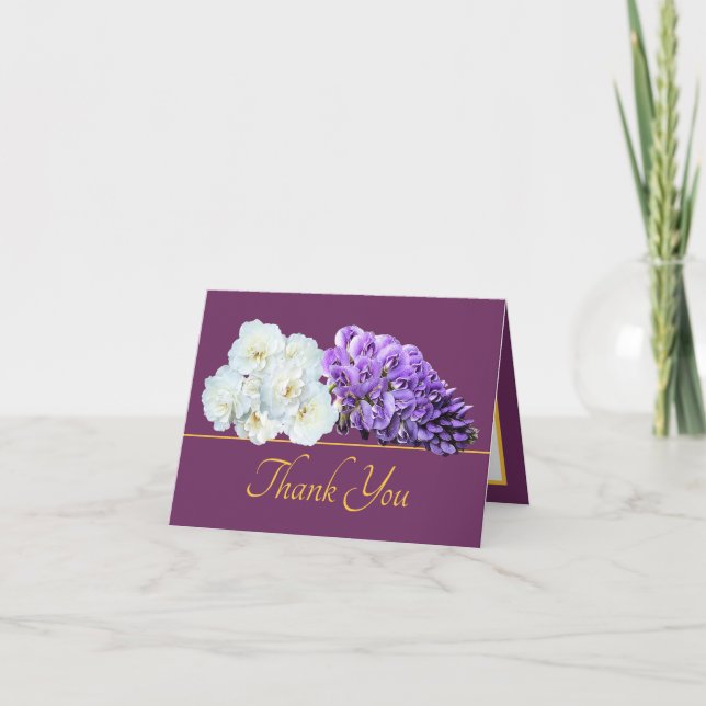 Elegant Purple Wisteria and White Roses Thank You Card (Front)