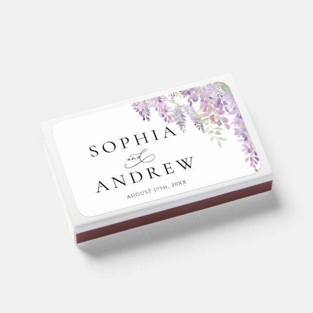 Elegant Purple Wisteria Flowers  Wedding Matchboxes (Front Closed)