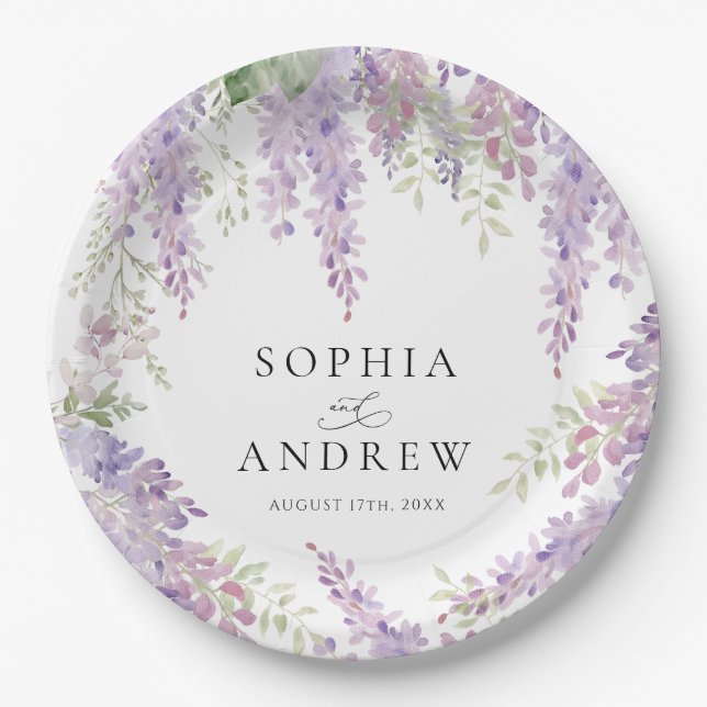 Elegant Purple Wisteria Flowers  Wedding Paper Plates (Front)