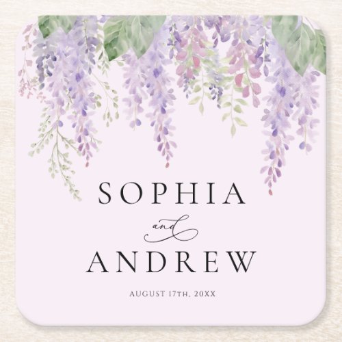 Elegant Purple Wisteria Flowers Wedding Square Paper Coaster