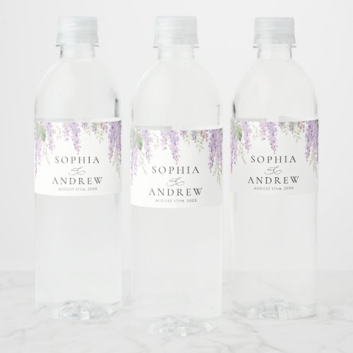 Elegant Purple Wisteria Flowers Wedding Water Bottle Label