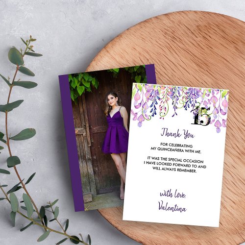 Elegant Purple Wisteria Quinceanera Photo Thank You Card