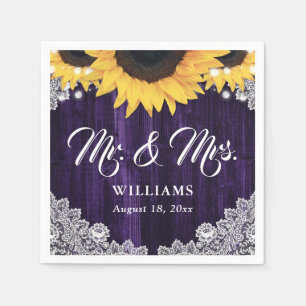 Elegant Purple Wood Floral Lace Sunflower Wedding Napkins