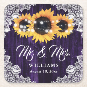 Elegant Purple Wood Floral Lace Sunflower Wedding Square Paper Coaster
