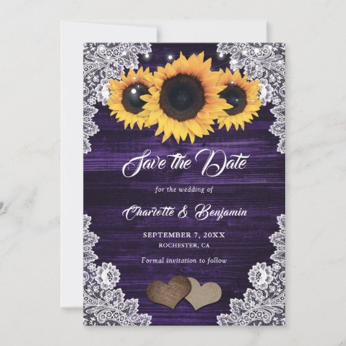 Elegant Purple Wood Lace Hearts Sunflower Wedding Save The Date