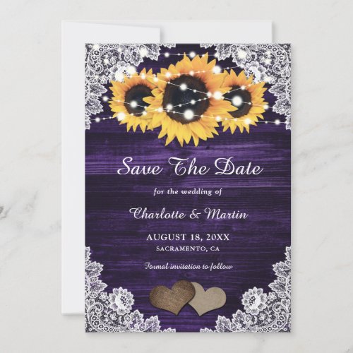 Elegant Purple Wood Lace Hearts Sunflower Wedding Save The Date