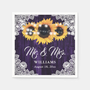 Elegant Purple Wood Sunflower Floral Lace Wedding Napkins