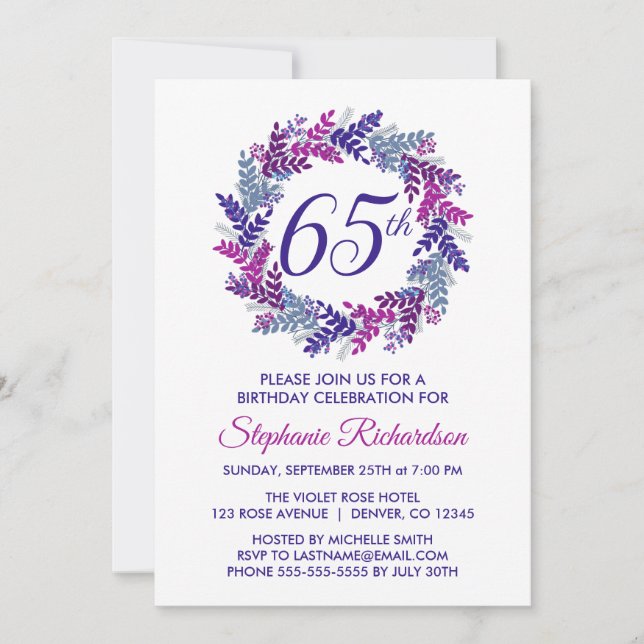 Elegant Purple Wreath 65th Birthday Party Invitation (Front)