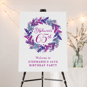 Elegant Purple Wreath 65th Birthday Welcome Sign