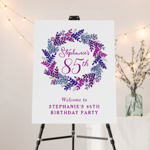 Elegant Purple Wreath 85th Birthday Welcome Sign