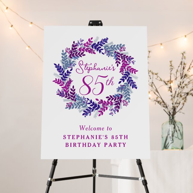 Elegant Purple Wreath 85th Birthday Welcome Sign (In Situ (Stand))