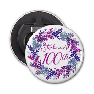 Elegant Purple Wreath Monogram 100th Birthday Bottle Opener