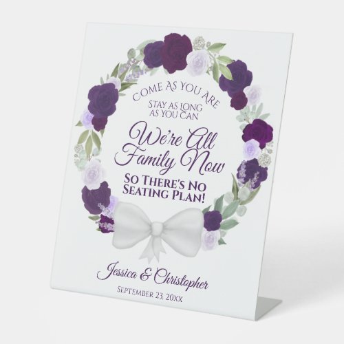 Elegant Purple Wreath Roses Open Seating Wedding Pedestal Sign