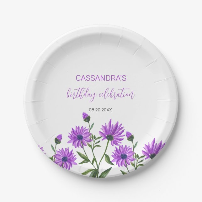 Elegant Purple Xeranthemum Floral Birthday Party Paper Plates (Front)