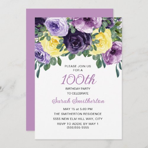 Elegant Purple Yellow Floral 100th Birthday Invitation