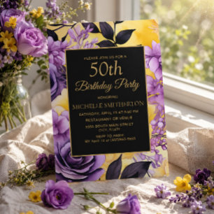 Elegant Purple Yellow Floral 50th Birthday Invitation