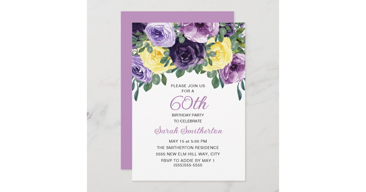 Elegant Purple Yellow Floral 60th Birthday Invitation | Zazzle