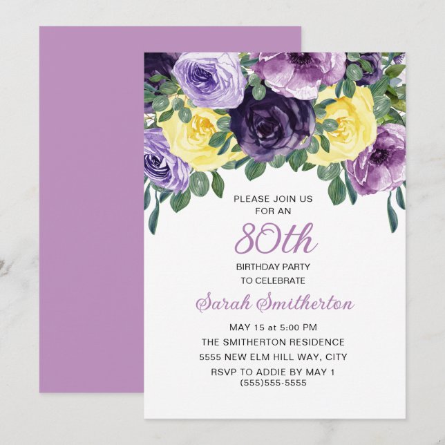 Elegant Purple Yellow Floral 80th Birthday Invitation (Front/Back)