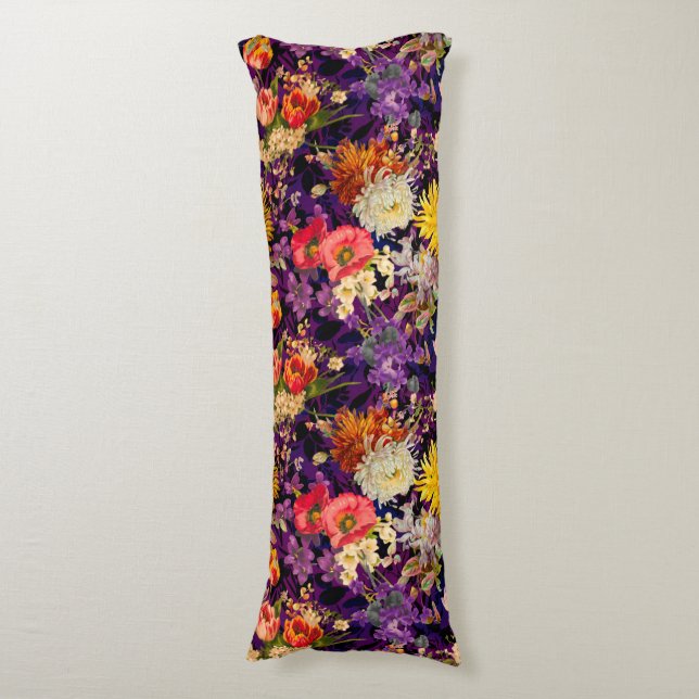 Elegant purple yellow floral pattern body pillow (Front Vertical)